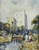 W G Thompson (19th century British)  Watercolour Figures by a weir in front of a castle tower,