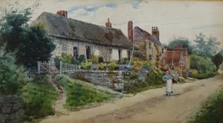 W Suthers (Late 19th/early 20th century British) Watercolour  Figure on a road in front of cottages,