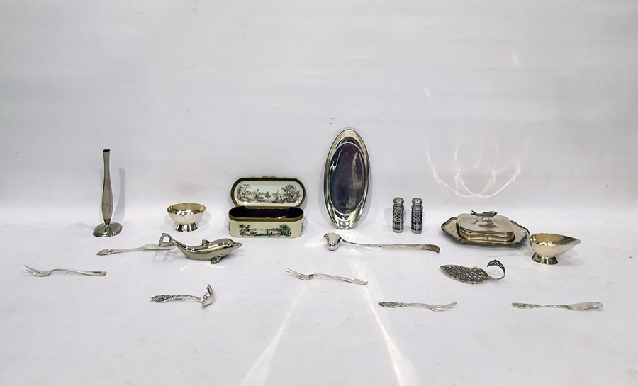 Assorted continental silver plated wares to include condiments set, stem vase, candle snuffer, set