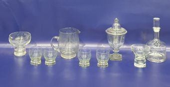 Modern Dartington glass decanter with presentation inscription, a pedestal jar and cover, a set of