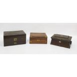 Victorian rosewood workbox of sarcophagus-form, with mother-of-pearl inlay and ring handles, another