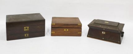 Victorian rosewood workbox of sarcophagus-form, with mother-of-pearl inlay and ring handles, another