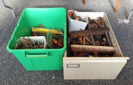 Two boxes of vintage and more modern woodworking tools including clamps, marking gauges, mortice