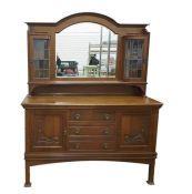 20th century oak mirror back sideboard with arched top mirror, flanked by bowfronted leaded glazed