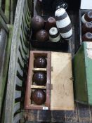 Four boxes of wooden vintage skittles and wooden b