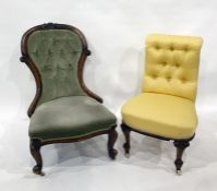 Early Victorian bedroom chair with mahogany frame, carved top rail, sage green button-back