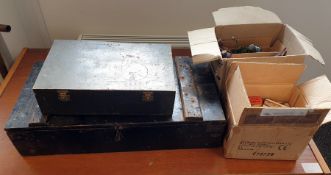 Two vintage maintenance boxes, one comprising woodworking tools plus old tobacco and menthol tins