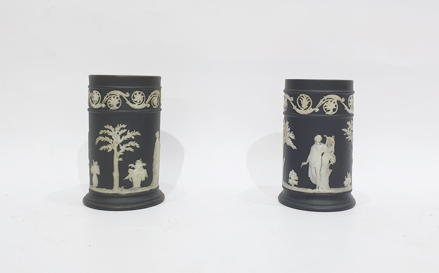 Pair of Wedgwood black basalt cylindrical spill va