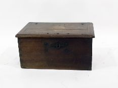 19th century oak box, the rectangular lid with moulded edge, the plain front with iron escutcheon,