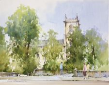 Pair Watercolour drawings C Simpson Church with figures in street and trees Street scene with