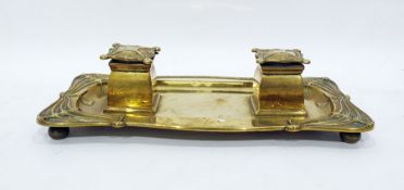 William Tonks & Co Arts & Crafts brass inkstand, rectangular with scroll corners, having pair square