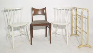 Cream painted towel rack, two white painted stickback chairs and a further chair (4)