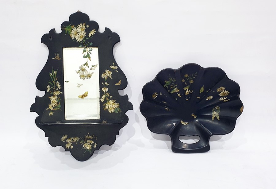 Victorian painted papier-mache crumb scoop, shell-shaped, butterfly and floral decorated and similar