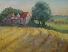 Elizabeth Freer Hill (20th century British)  Pastel  Field with farm buildings beyond, signed