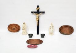 Two pewter salts, a small pink marble dish, an ivorine and stained wood crucifix, two plaster