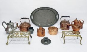 Two copper kettles, a hammered pewter tray, brass trivets and other metal items (1 box)