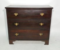 19th century mahogany chest of three long drawers, to bracket feet, 93.5cm x 85.5cm