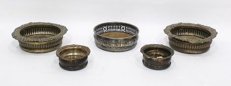 Silver plated and wooden wine bottle coaster, another pair and another smaller bottle coaster (5)