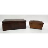 19th century mahogany tea caddy of plain sarcophagus-design, on bun feet and a Victorian mahogany