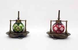 Pair French Robert et Cie overlay and cut glass lamps, each with spherical cut and overlay glass