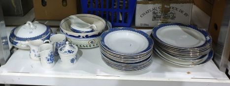 Part dinner service, white ground with blue and pink floral design, lidded tureen, dinner plates etc