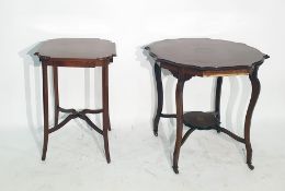 19th century mahogany and inlaid shaped two two-tier centre table with shaped supports to castors