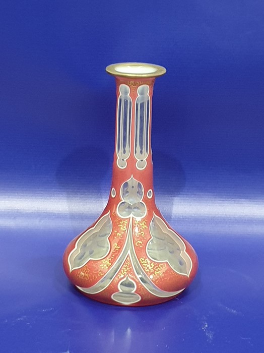 19th century glass vase, the pink and white overlay  cut to reveal the clear glass base, with gilt