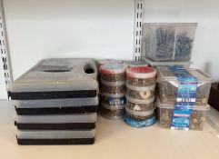 Various boxes of screws, wall plugs, bolts and coach bolts