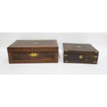 Victorian mahogany writing box with feather and cross-banding, brass mounts and a Victorian rosewood