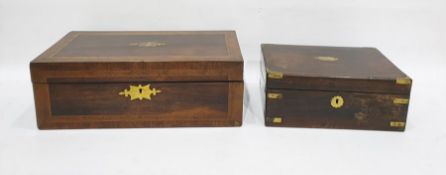 Victorian mahogany writing box with feather and cross-banding, brass mounts and a Victorian rosewood