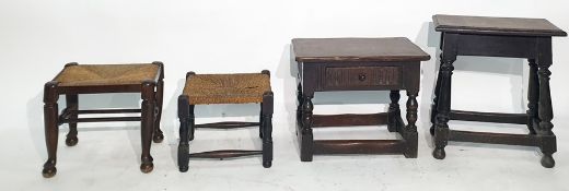 Four assorted stools and oak-framed coffee tables