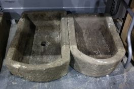 Two antique stone troughs , d- end, 62 cms and 72