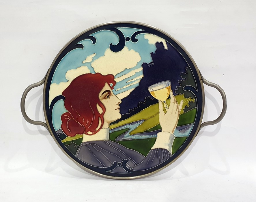 Art Nouveau pottery tea tray, the central circular