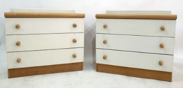 Pair of oak topped three-drawer chests to plinth bases, 76cm x 69cm (2)