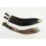 Gurka kukri knife with horn handle and leather scabbard