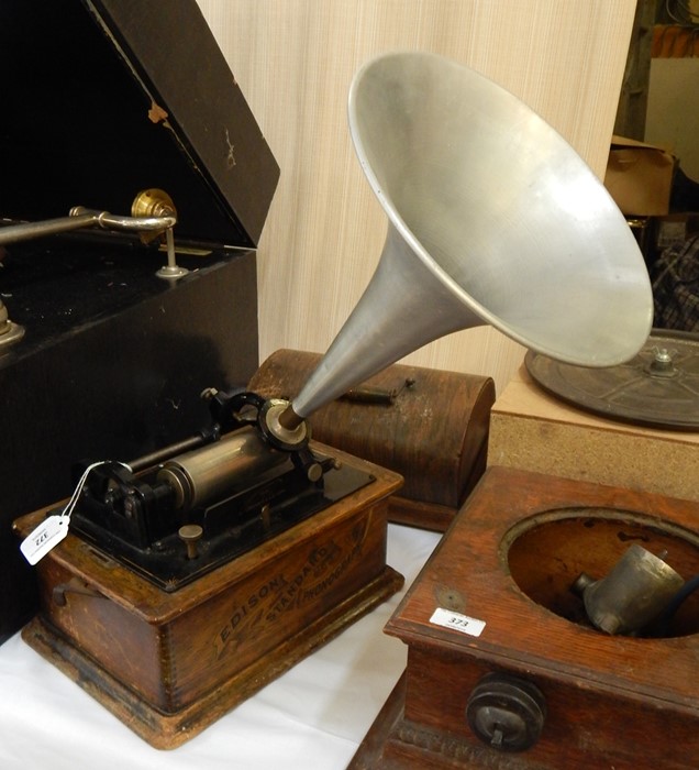 Edison standard phonograph, black japanned metal with aluminium horn and oak case, with carrying