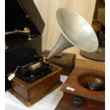 Edison standard phonograph, black japanned metal with aluminium horn and oak case, with carrying