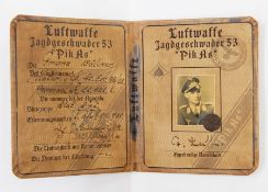 WWII Nazi identity card for the Luftwaffer Jagdgeschwader 'Pik As' 53 for Ghohz Kallher