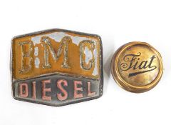 Brass Fiat screw-thread filler cap and a BMC Diesel badge