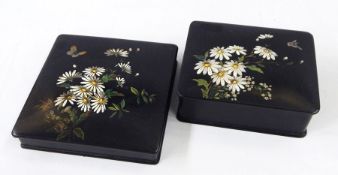 Two Oriental black lacquer boxes with painted foliate design, further Oriental boxes, etc