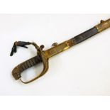 Victorian naval officers sword with brass hilt shagreen grip, inch blade and leather scabbard