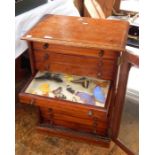 19th century mahogany collectors cabinet, the glazed door enclosing ten drawers and contents of