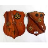 Mahogany shield plaque with applied carved propeller blade, the plaque mounted with brass PTI arm