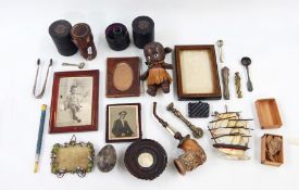 Tray of miscellaneous collectables to include treen and mother-of-pearl pipe bowl with goat carving,