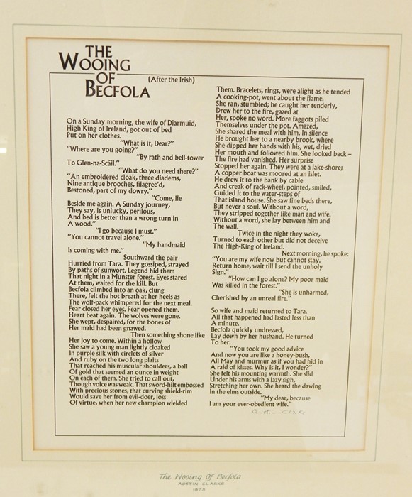 Set of 10 framed and glazed assorted poems to include The Woo'ing of Becfola by Austin Clarke,