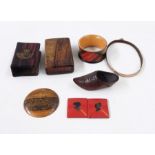 Assorted miscellanea to include yellow metal oval photograph frame (frame only), a tartanware napkin