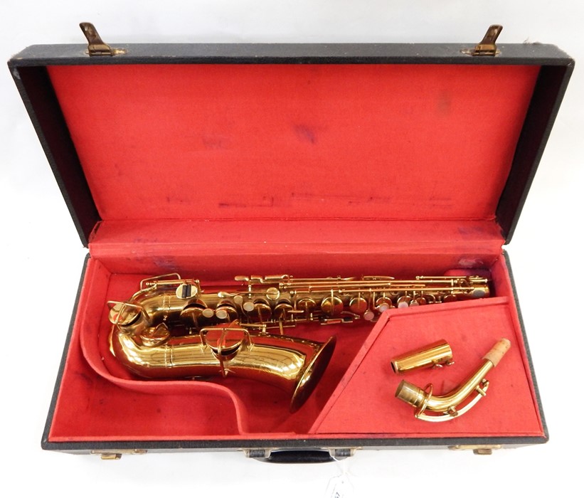 Brass saxophone in case, made by Elkhart