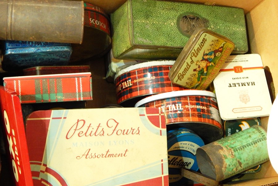 Two boxes of tins to include Huntley & Palmers tin, a CJ Van Houten & Zoo, Van Houten's Pure Soluble