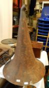 Old simulated grained oak fibre gramphone horn with metal end fitting, 74cm high (damage to edge)