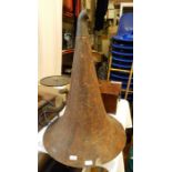 Old simulated grained oak fibre gramphone horn with metal end fitting, 74cm high (damage to edge)